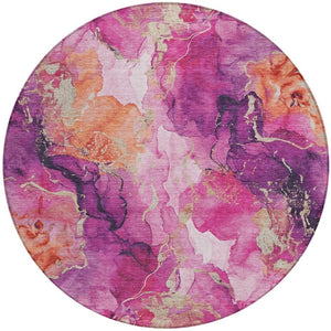 HomeRoots 8' Stunning Ruby Red & Purple Round Abstract Washable Area Rug for Indoor/Outdoor Spaces 620896