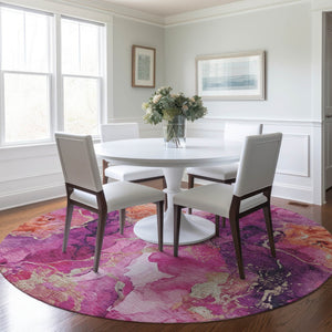 HomeRoots 8' Stunning Ruby Red & Purple Round Abstract Washable Area Rug for Indoor/Outdoor Spaces 620896