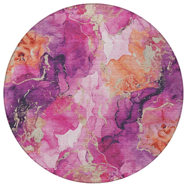 HomeRoots 8' Stunning Ruby Red & Purple Round Abstract Washable Area Rug for Indoor/Outdoor Spaces 620896