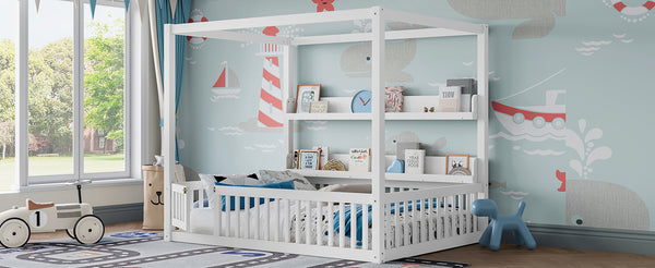 English Elm Full House Floor Bed with Door and Guardrails for Kids, Solid Wood Double Full, Safe Play Nook Light White W1580P359331