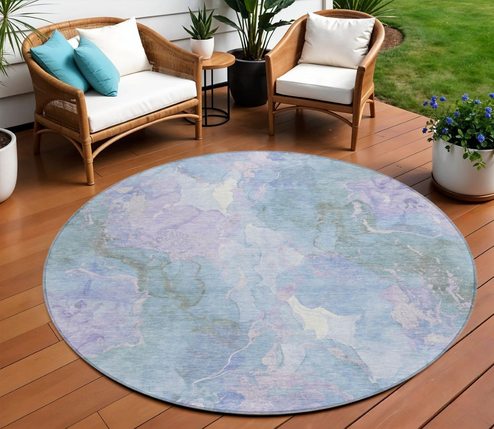 HomeRoots 8' Round Abstract Area Rug in Lavender & Sky Blue - Durable, Washable, Ideal for Indoor/Outdoor Use 620908