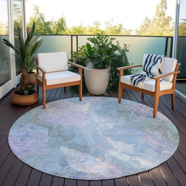 HomeRoots 8' Round Abstract Area Rug in Lavender & Sky Blue - Durable, Washable, Ideal for Indoor/Outdoor Use 620908