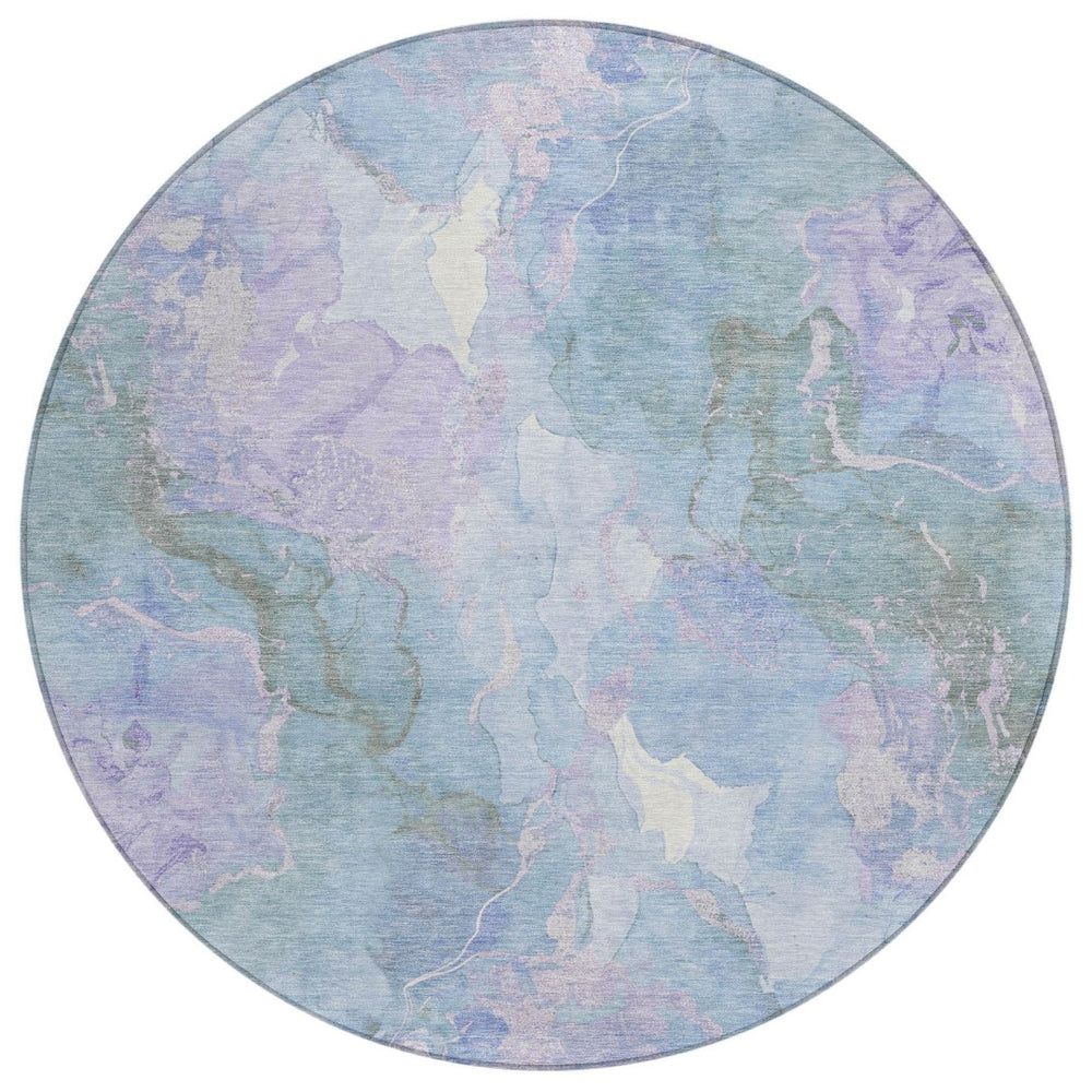 HomeRoots 8' Round Abstract Area Rug in Lavender & Sky Blue - Durable, Washable, Ideal for Indoor/Outdoor Use 620908