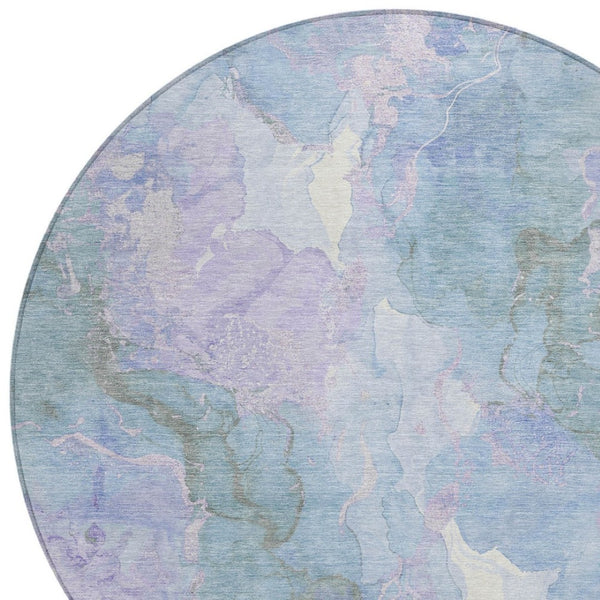 HomeRoots 8' Round Abstract Area Rug in Lavender & Sky Blue - Durable, Washable, Ideal for Indoor/Outdoor Use 620908