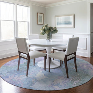 HomeRoots 8' Round Abstract Area Rug in Lavender & Sky Blue - Durable, Washable, Ideal for Indoor/Outdoor Use 620908