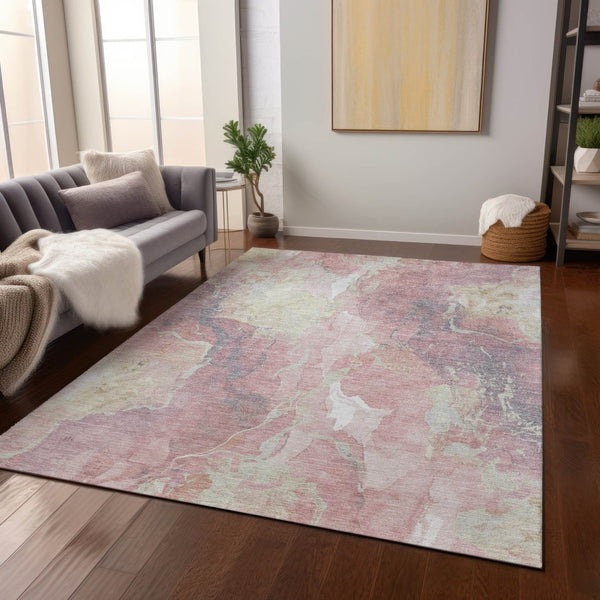 HomeRoots 5' Pink and Beige Abstract Washable Area Rug - Stylish Indoor/Outdoor Design for Easy Care & Durability 620919