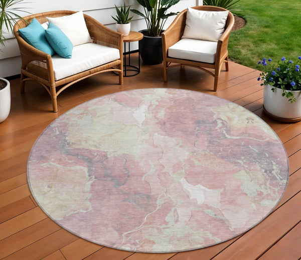 HomeRoots 8' Pink And Beige Round Abstract Area Rug - Stylish, Washable, Indoor/Outdoor, Durable Design for Homes 620920