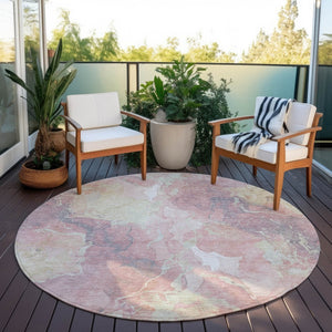 HomeRoots 8' Pink And Beige Round Abstract Area Rug - Stylish, Washable, Indoor/Outdoor, Durable Design for Homes 620920