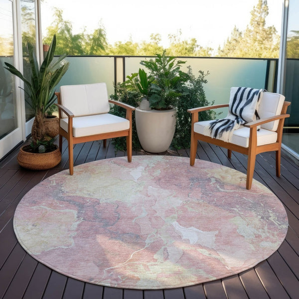 HomeRoots 8' Pink And Beige Round Abstract Area Rug - Stylish, Washable, Indoor/Outdoor, Durable Design for Homes 620920