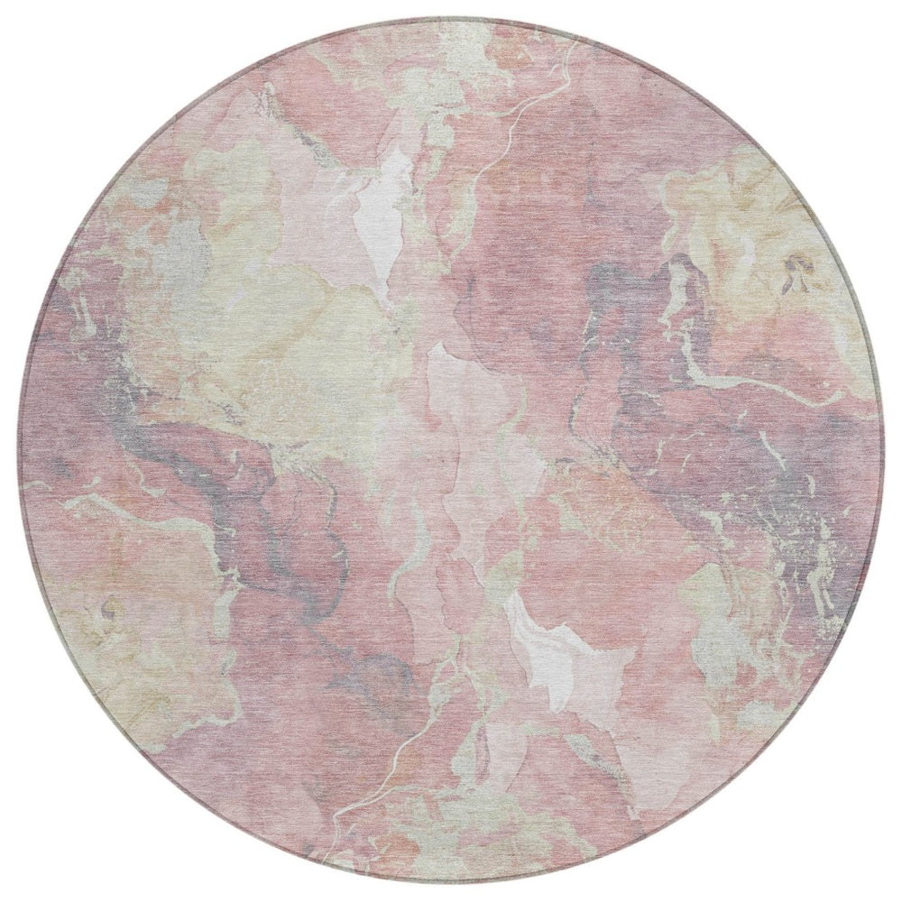 HomeRoots 8' Pink And Beige Round Abstract Area Rug - Stylish, Washable, Indoor/Outdoor, Durable Design for Homes 620920