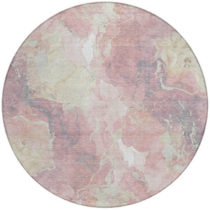 HomeRoots 8' Pink And Beige Round Abstract Area Rug - Stylish, Washable, Indoor/Outdoor, Durable Design for Homes 620920