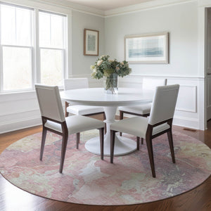 HomeRoots 8' Pink And Beige Round Abstract Area Rug - Stylish, Washable, Indoor/Outdoor, Durable Design for Homes 620920