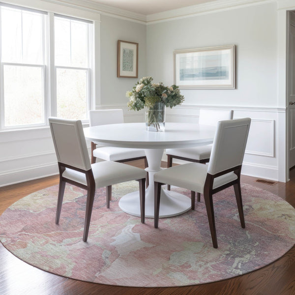 HomeRoots 8' Pink And Beige Round Abstract Area Rug - Stylish, Washable, Indoor/Outdoor, Durable Design for Homes 620920