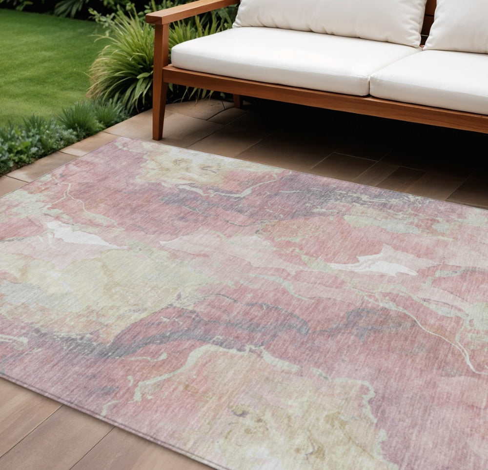 HomeRoots 9' X 12' Washable Pink and Beige Abstract Area Rug - Durable, Stylish, Ideal for Indoor/Outdoor Use 620922