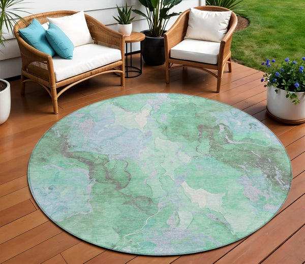 HomeRoots 8' Pale Aqua & Mint Green Round Abstract Rug – Washable, Stylish Indoor/Outdoor Accent for Any Space 620926