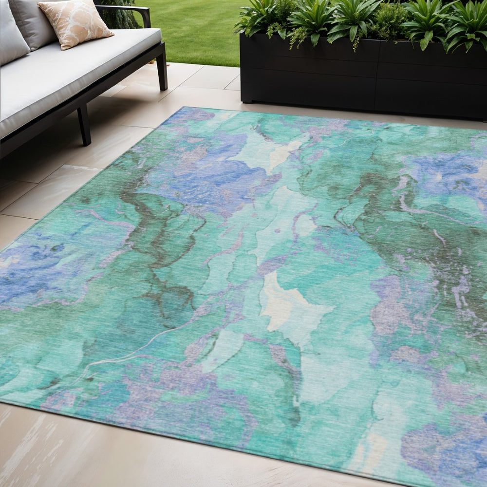 HomeRoots 5' Teal Blue and Mint Green Abstract Area Rug – Stylish, Washable, Indoor/Outdoor, Durable Design 620937
