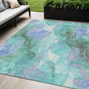 HomeRoots 5' Teal Blue and Mint Green Abstract Area Rug – Stylish, Washable, Indoor/Outdoor, Durable Design 620937
