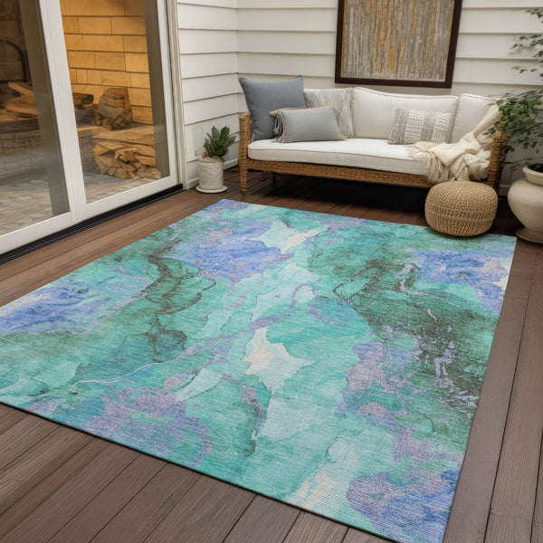 HomeRoots 5' Teal Blue and Mint Green Abstract Area Rug – Stylish, Washable, Indoor/Outdoor, Durable Design 620937