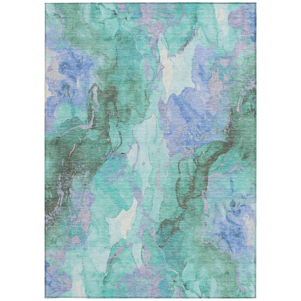 HomeRoots 5' Teal Blue and Mint Green Abstract Area Rug – Stylish, Washable, Indoor/Outdoor, Durable Design 620937