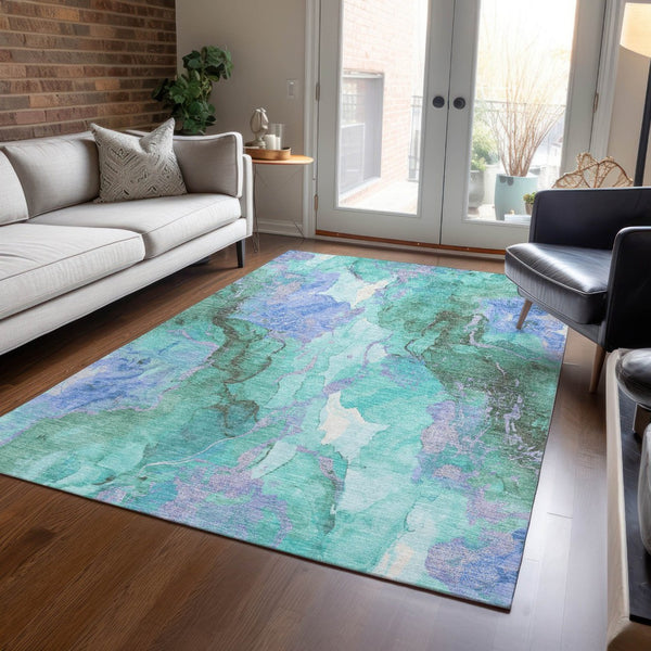 HomeRoots 5' Teal Blue and Mint Green Abstract Area Rug – Stylish, Washable, Indoor/Outdoor, Durable Design 620937