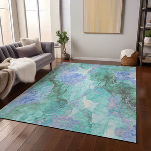 HomeRoots 5' Teal Blue and Mint Green Abstract Area Rug – Stylish, Washable, Indoor/Outdoor, Durable Design 620937