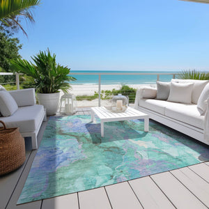 HomeRoots 5' Teal Blue and Mint Green Abstract Area Rug – Stylish, Washable, Indoor/Outdoor, Durable Design 620937