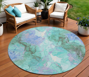 HomeRoots 8' Teal Blue & Mint Green Round Abstract Area Rug - Washable, Durable, Perfect for Indoor & Outdoor Use 620938