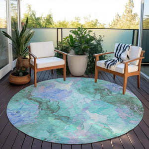 HomeRoots 8' Teal Blue & Mint Green Round Abstract Area Rug - Washable, Durable, Perfect for Indoor & Outdoor Use 620938