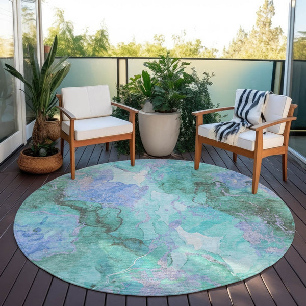 HomeRoots 8' Teal Blue & Mint Green Round Abstract Area Rug - Washable, Durable, Perfect for Indoor & Outdoor Use 620938