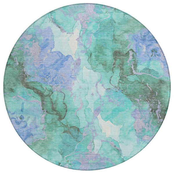 HomeRoots 8' Teal Blue & Mint Green Round Abstract Area Rug - Washable, Durable, Perfect for Indoor & Outdoor Use 620938