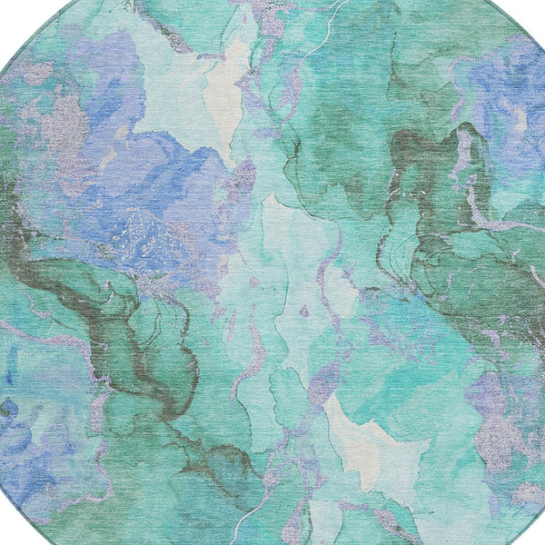 HomeRoots 8' Teal Blue & Mint Green Round Abstract Area Rug - Washable, Durable, Perfect for Indoor & Outdoor Use 620938