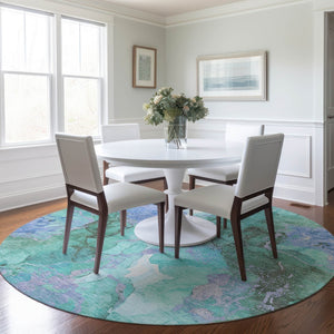 HomeRoots 8' Teal Blue & Mint Green Round Abstract Area Rug - Washable, Durable, Perfect for Indoor & Outdoor Use 620938