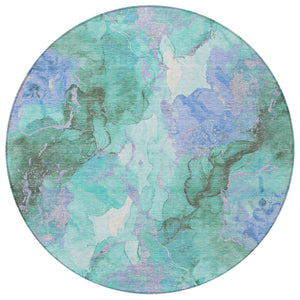 HomeRoots 8' Teal Blue & Mint Green Round Abstract Area Rug - Washable, Durable, Perfect for Indoor & Outdoor Use 620938