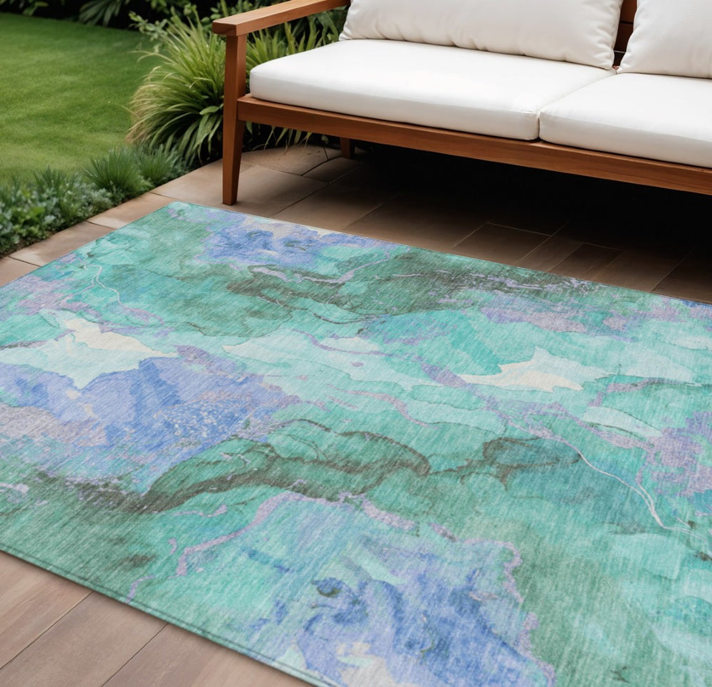 HomeRoots 9' X 12' Teal Blue & Mint Green Abstract Area Rug - Durable, Washable, Indoor/Outdoor, Modern Style 620940