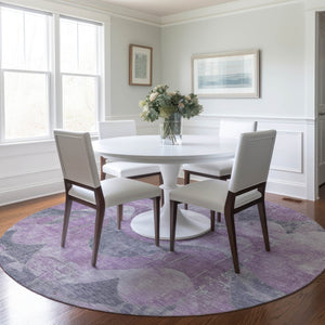 HomeRoots 8' Contemporary Lavender and Gray Round Abstract Area Rug for Indoor/Outdoor Use - Durable & Washable 620950