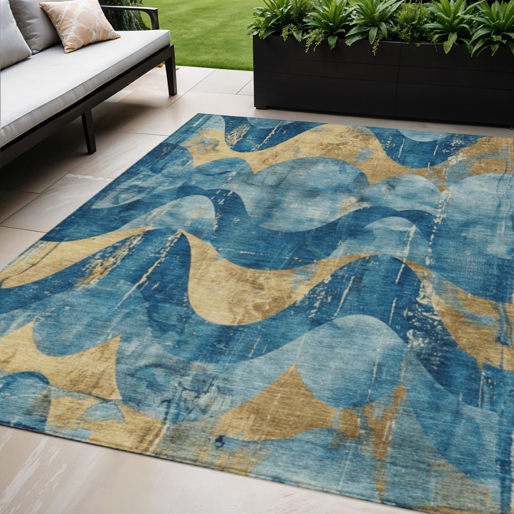 HomeRoots 5' Teal Blue and Gold Abstract Area Rug - Washable, Durable, Indoor/Outdoor, Modern Design for Any Space 620955