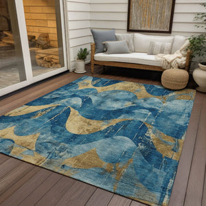 HomeRoots 5' Teal Blue and Gold Abstract Area Rug - Washable, Durable, Indoor/Outdoor, Modern Design for Any Space 620955