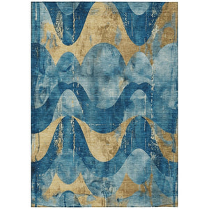 HomeRoots 5' Teal Blue and Gold Abstract Area Rug - Washable, Durable, Indoor/Outdoor, Modern Design for Any Space 620955