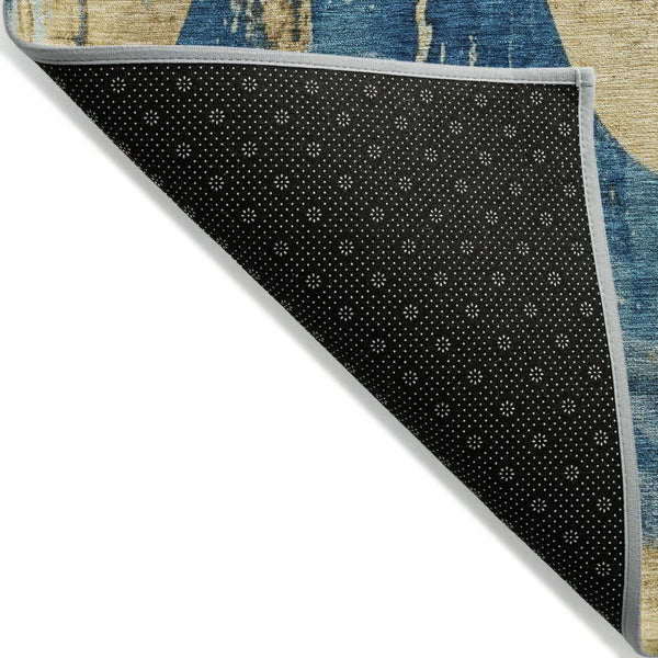 HomeRoots 5' Teal Blue and Gold Abstract Area Rug - Washable, Durable, Indoor/Outdoor, Modern Design for Any Space 620955