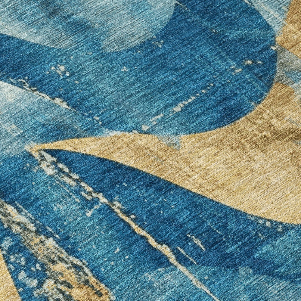 HomeRoots 5' Teal Blue and Gold Abstract Area Rug - Washable, Durable, Indoor/Outdoor, Modern Design for Any Space 620955