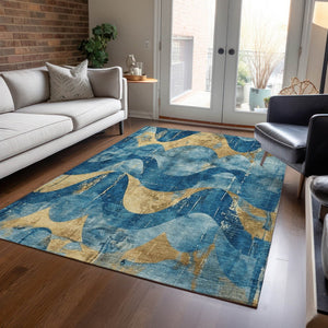 HomeRoots 5' Teal Blue and Gold Abstract Area Rug - Washable, Durable, Indoor/Outdoor, Modern Design for Any Space 620955