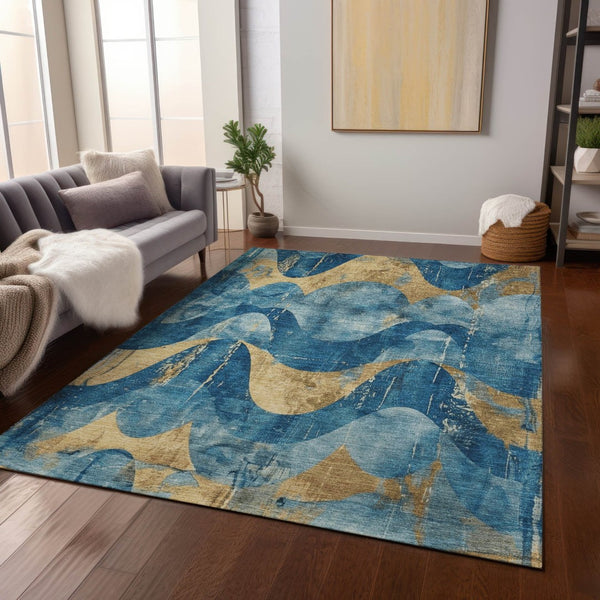 HomeRoots 5' Teal Blue and Gold Abstract Area Rug - Washable, Durable, Indoor/Outdoor, Modern Design for Any Space 620955