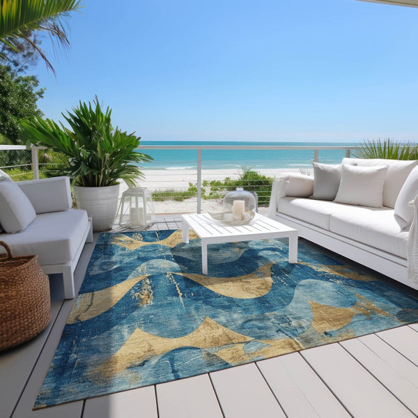 HomeRoots 5' Teal Blue and Gold Abstract Area Rug - Washable, Durable, Indoor/Outdoor, Modern Design for Any Space 620955