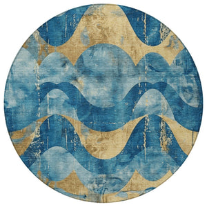 HomeRoots 8' Teal Blue and Gold Abstract Washable Area Rug - Stylish, Durable, Indoor/Outdoor Versatility! 620956