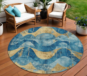 HomeRoots 8' Teal Blue and Gold Abstract Washable Area Rug - Stylish, Durable, Indoor/Outdoor Versatility! 620956