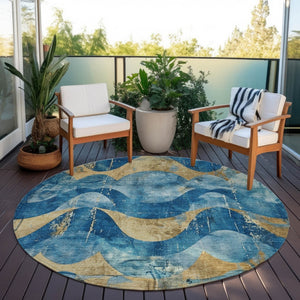 HomeRoots 8' Teal Blue and Gold Abstract Washable Area Rug - Stylish, Durable, Indoor/Outdoor Versatility! 620956