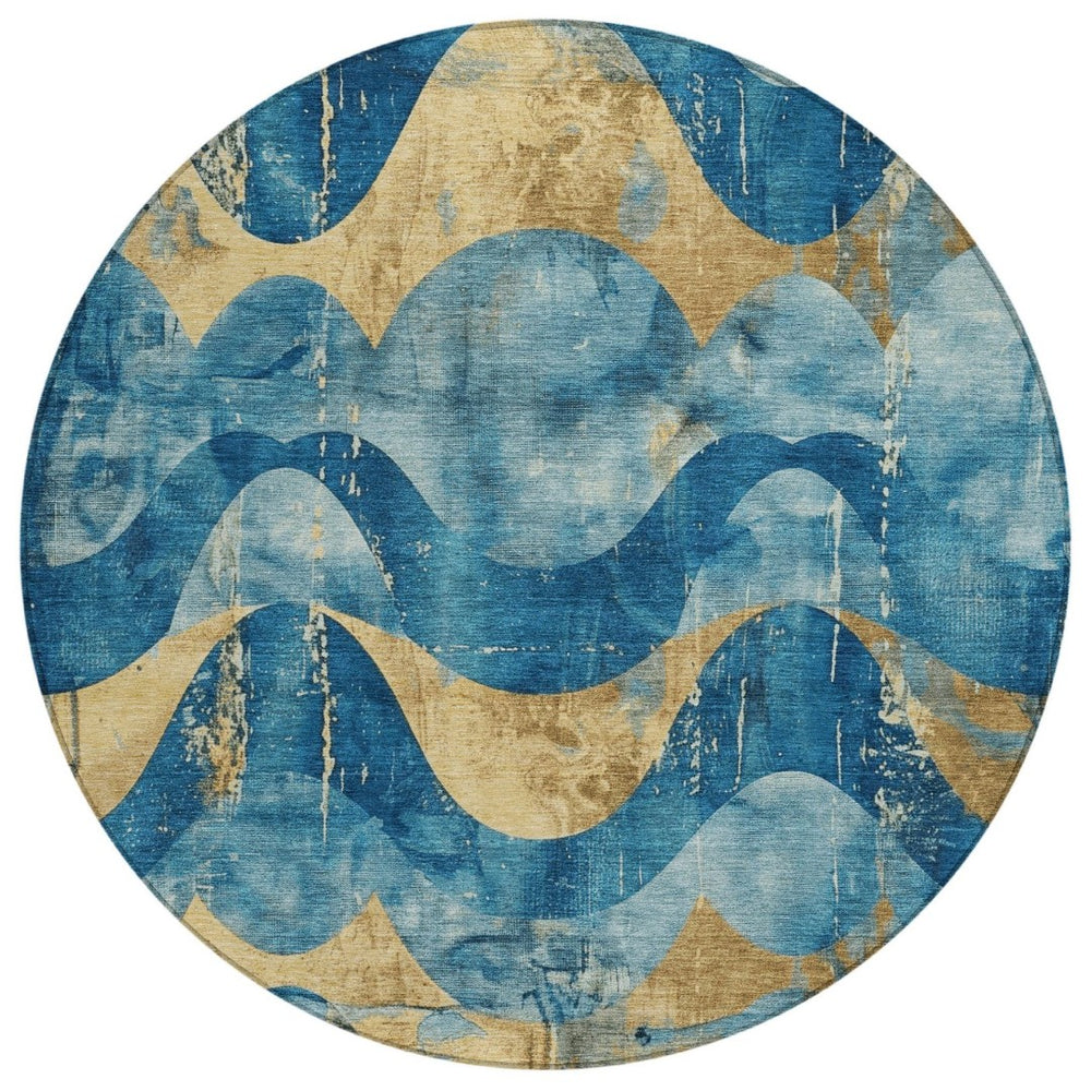 HomeRoots 8' Teal Blue and Gold Abstract Washable Area Rug - Stylish, Durable, Indoor/Outdoor Versatility! 620956
