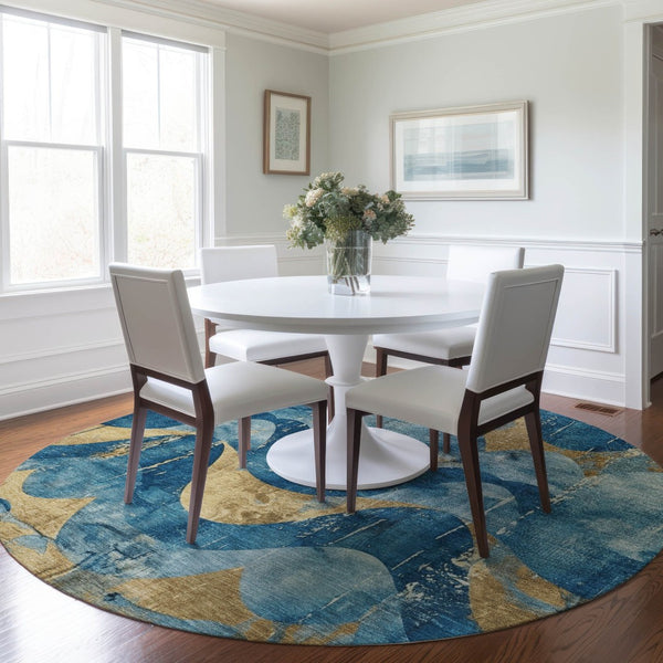 HomeRoots 8' Teal Blue and Gold Abstract Washable Area Rug - Stylish, Durable, Indoor/Outdoor Versatility! 620956