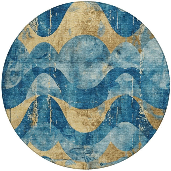 HomeRoots 8' Teal Blue and Gold Abstract Washable Area Rug - Stylish, Durable, Indoor/Outdoor Versatility! 620956
