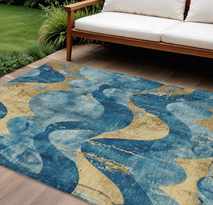 HomeRoots 8' X 10' Teal Blue & Gold Abstract Area Rug - Stylish, Washable, Indoor/Outdoor, Durable Design! 620957